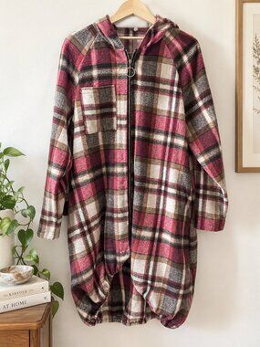 Plaid Oversized Hooded Cocoon Coat Jacket